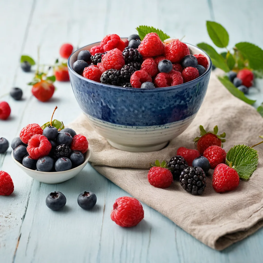 A bowl of mixed berries with mint on a wooden table