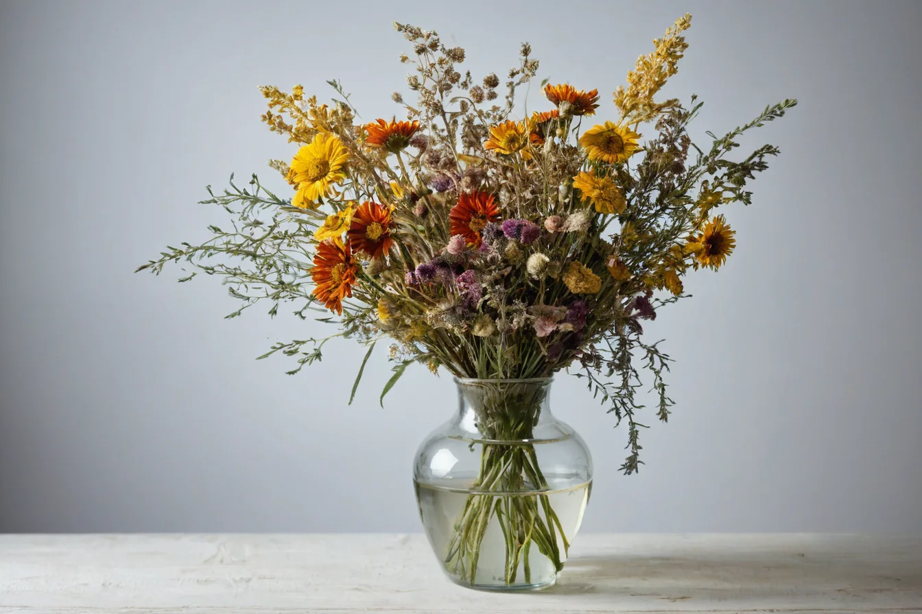A glass vase with dried flowers on a white wooden table