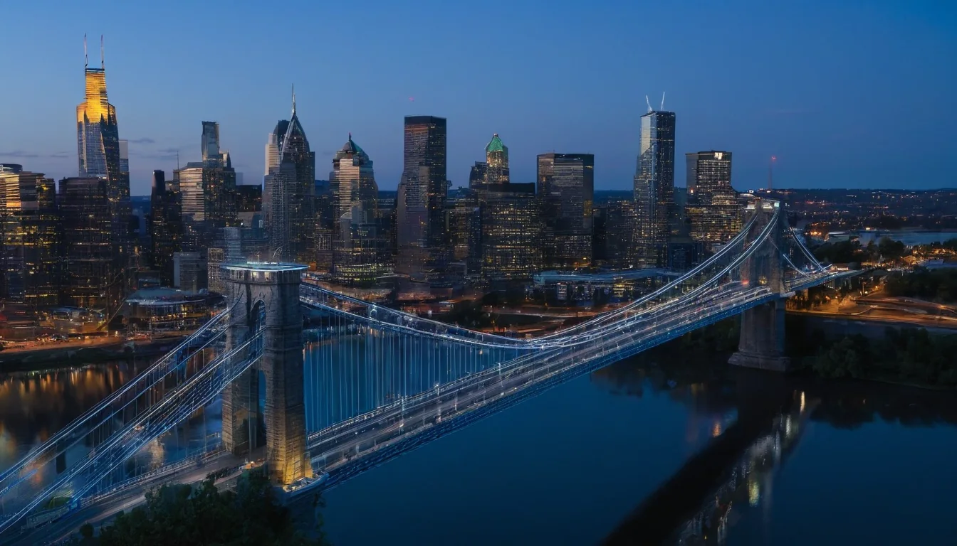 A lit suspension bridge crosses a dark river with a glowing city skyline in the background.