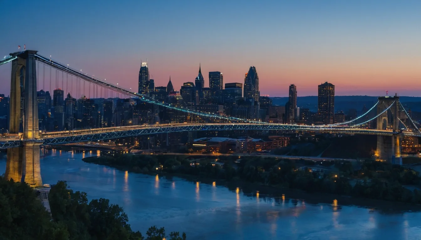 A lit suspension bridge crosses a river with a city skyline glowing at dusk.