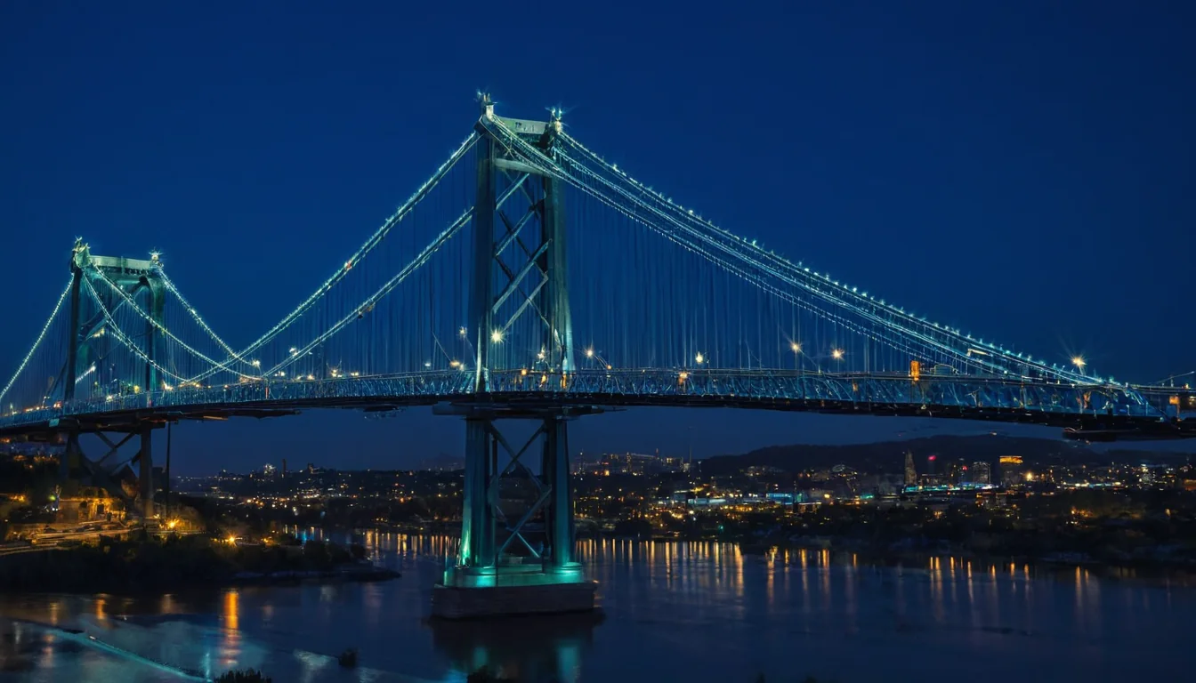 A lit suspension bridge spans a river at night with city lights in the background.