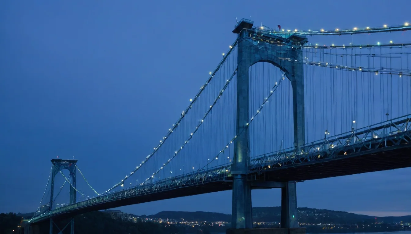 A lit suspension bridge spans a river at twilight with city lights in the distance.