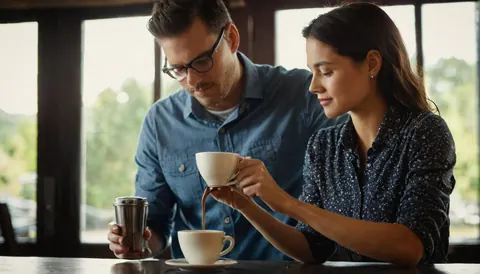 A man and woman pouring coffee together at a cafe table near windows.