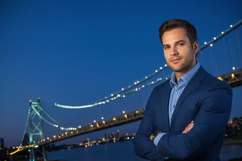 A man in a blue suit stands confidently with arms crossed near a lit bridge at twilight.