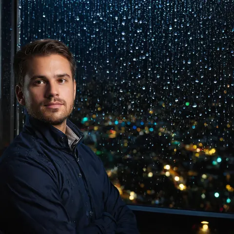 A man in a dark jacket stands by a rainy window overlooking a glowing city at night.