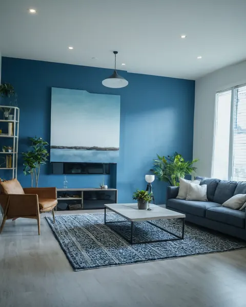 A modern living room with blue walls gray sofa brown leather chair and patterned rug.