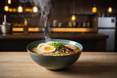 A steaming bowl of ramen with eggs green onions and meat on a wooden counter in a kitchen.