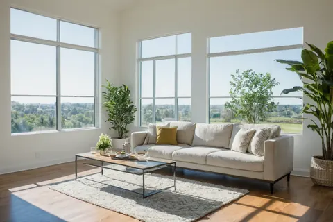 A sunlit modern living room with beige sofa, wooden floors, and large windows showing green trees outside.