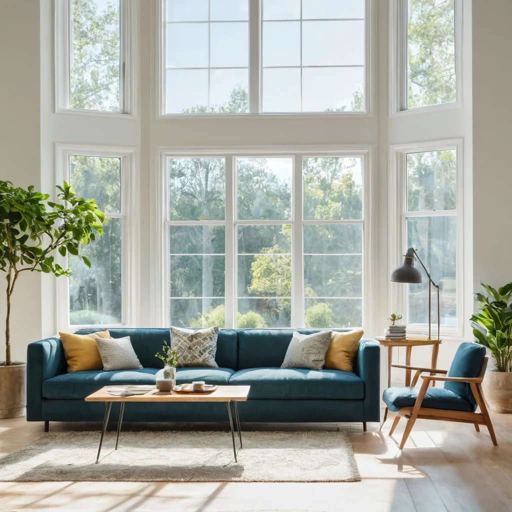 A sunlit modern living room with teal sofa wooden chair and large windows showing green trees outside