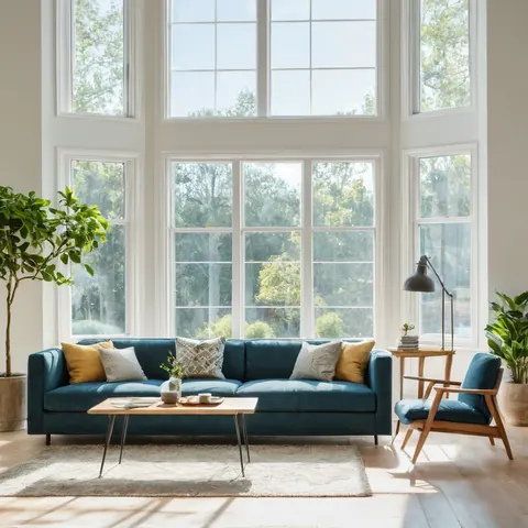 A sunlit modern living room with teal sofa wooden chair and large windows showing green trees outside