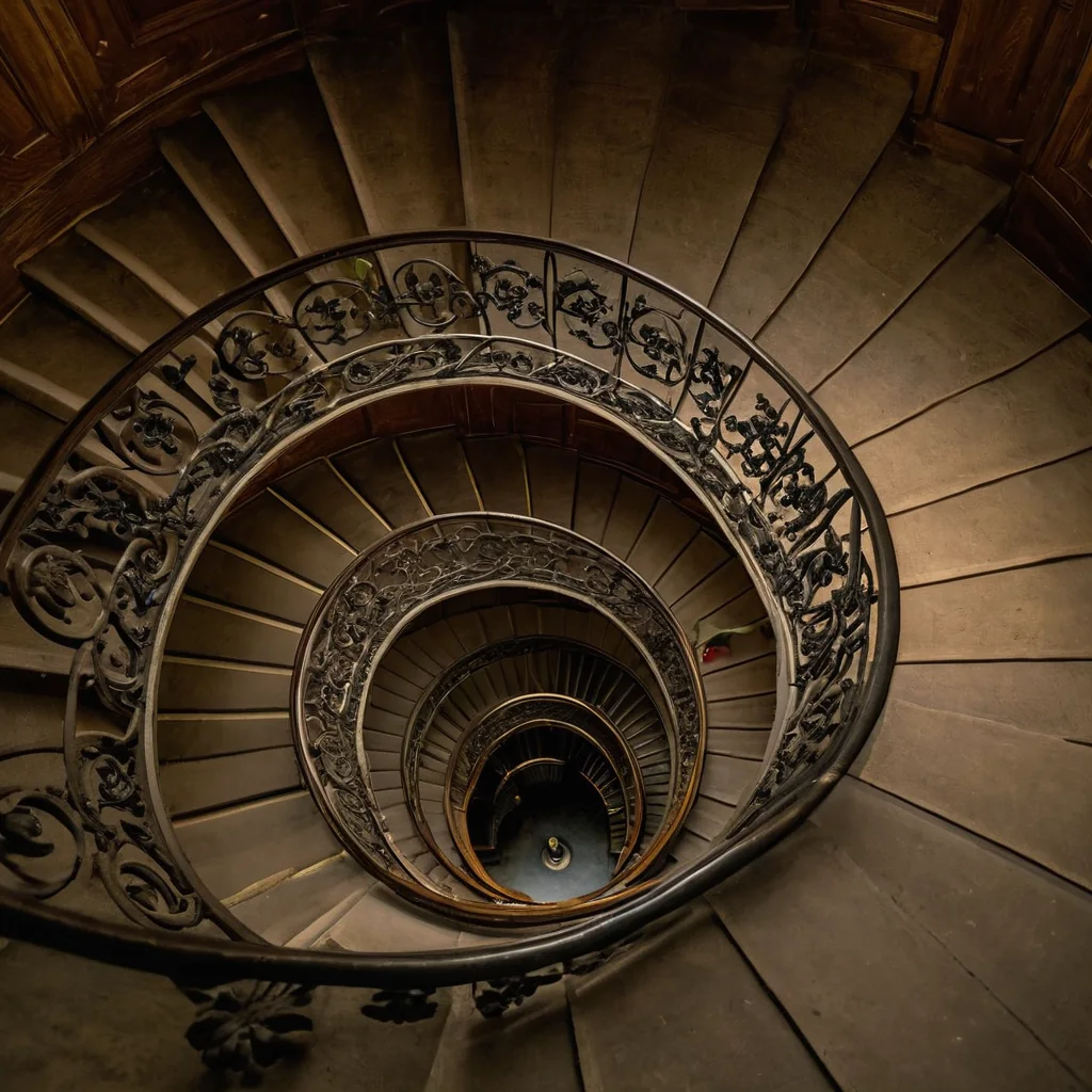 A top-down view of an ornate spiral staircase with dark wooden steps and intricate black iron railings spiraling downward into shadow.