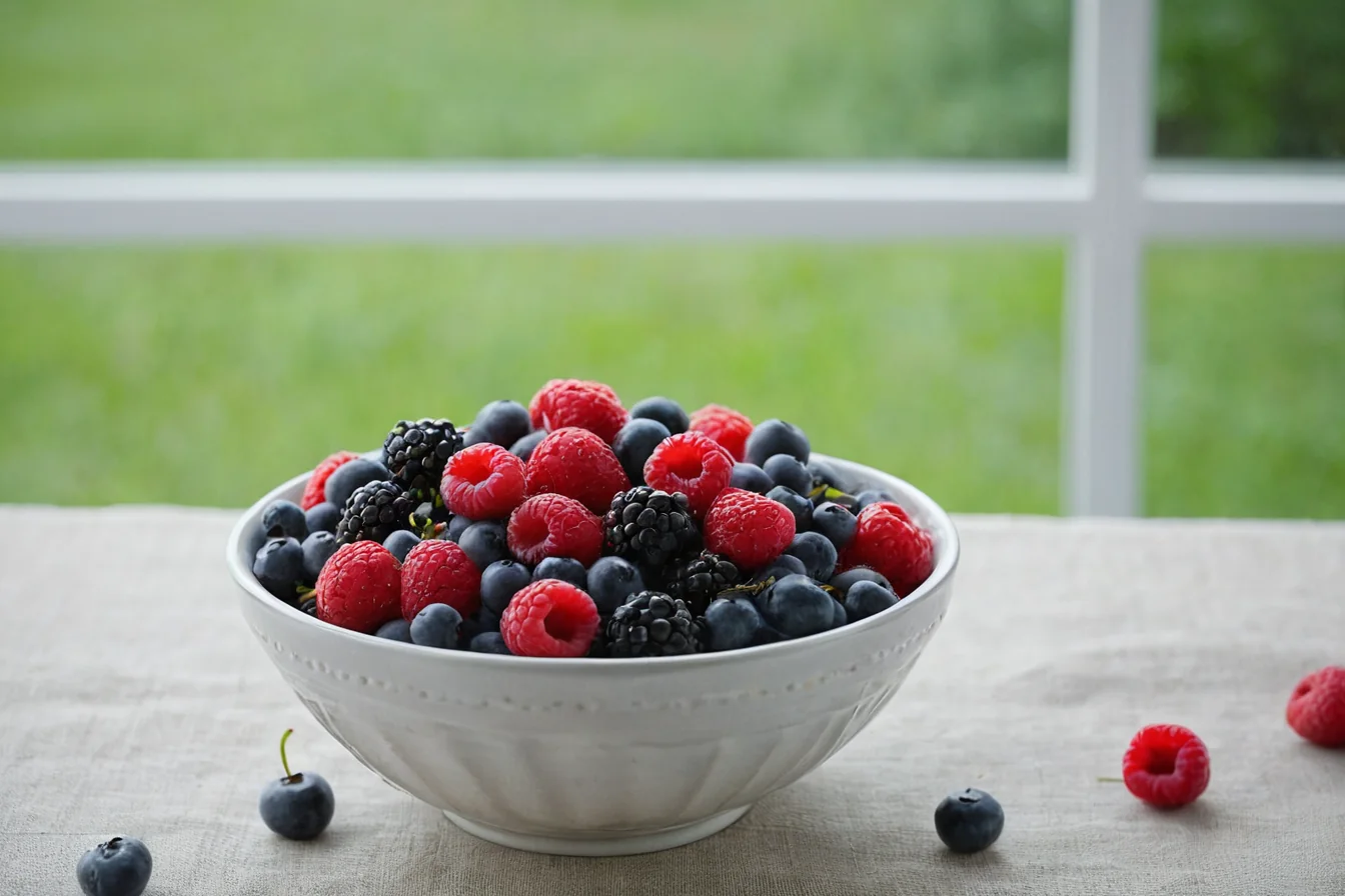 A white bowl filled with mixed berries on a linen tablecloth near a window