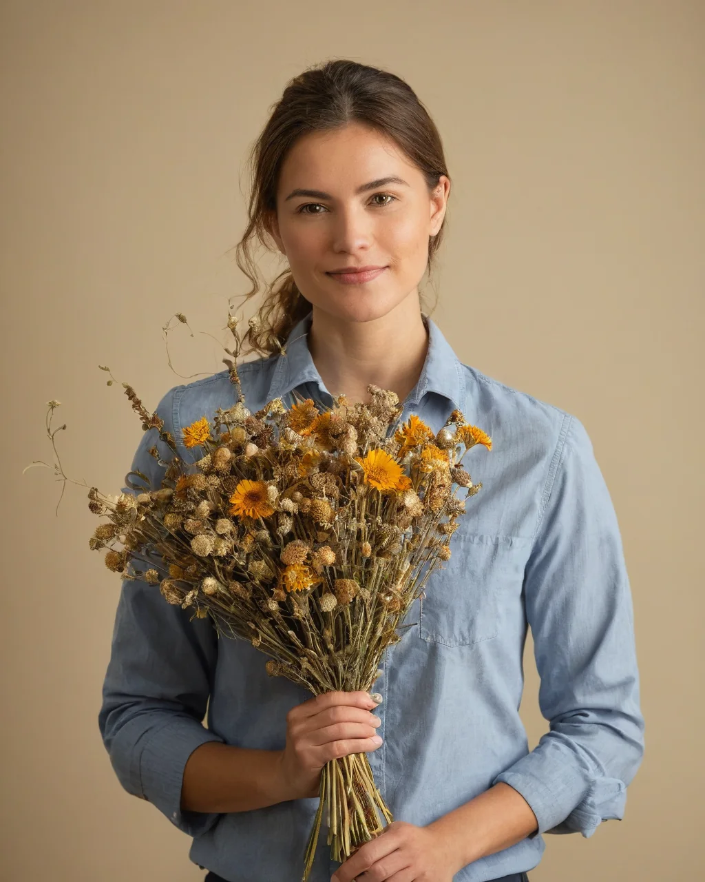 A woman in a blue shirt holding a dried flower bouquet with a gentle smile.