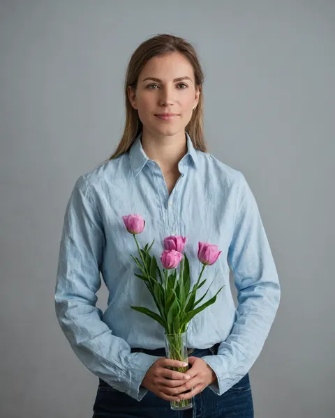 A woman in a blue shirt holds a vase of pink tulips in a studio setting.