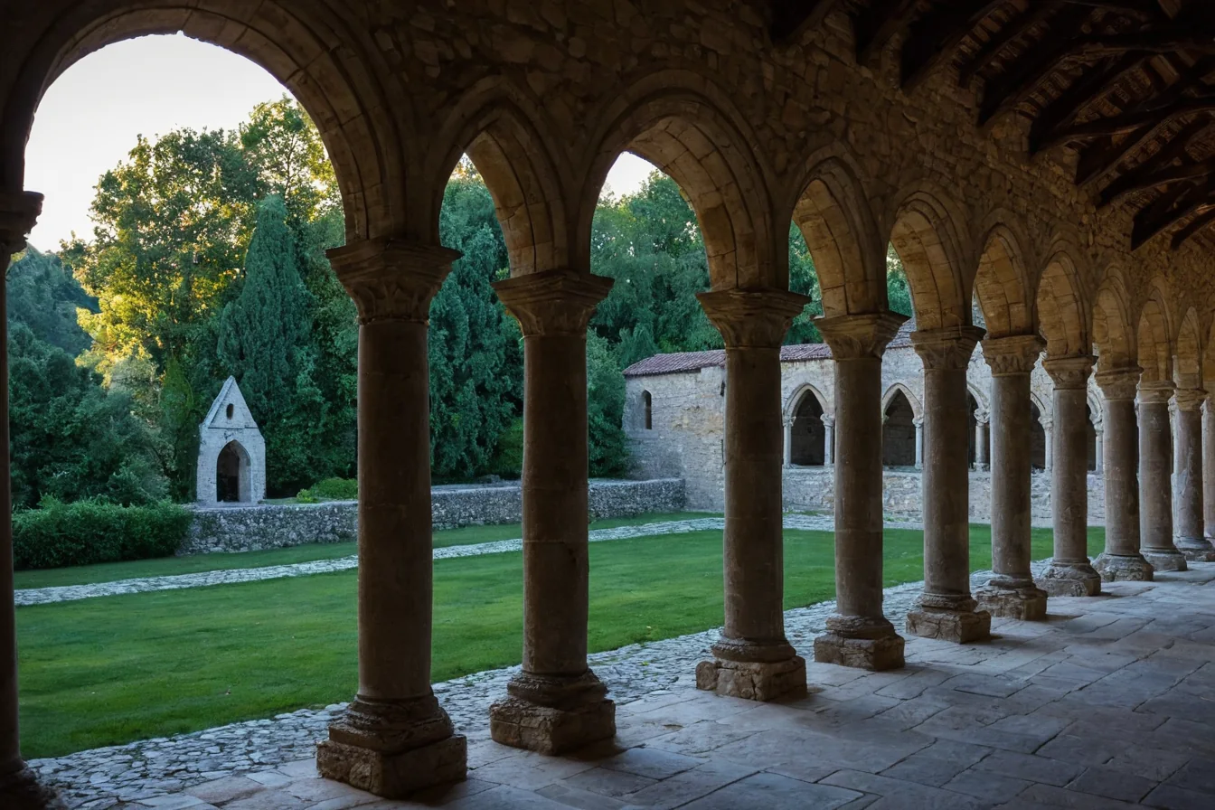 Ancient stone cloister with arches overlooking a green garden and small chapel surrounded by trees.