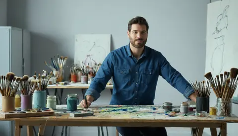 Artist with paintbrushes and jars of paint at a cluttered wooden table in a studio