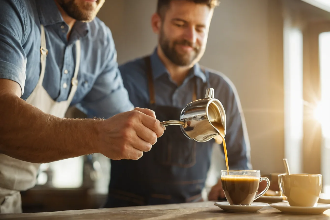 Barista pouring steamed milk into coffee cup with smiling colleague nearby in cafe