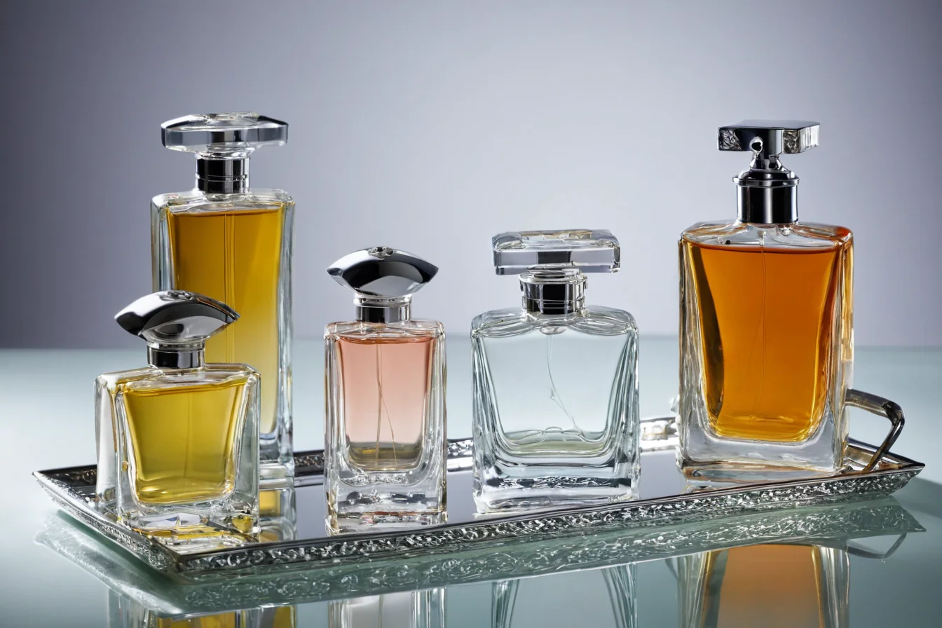 Five luxury perfume bottles with amber pink and clear liquids on a silver tray with reflections.