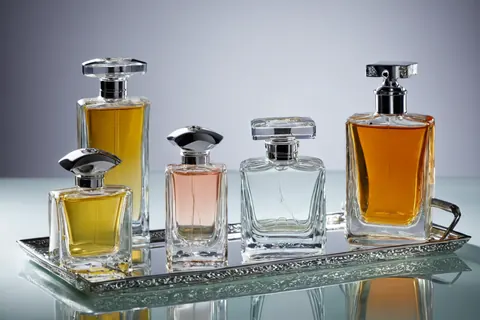 Five luxury perfume bottles with amber pink and clear liquids on a silver tray with reflections.