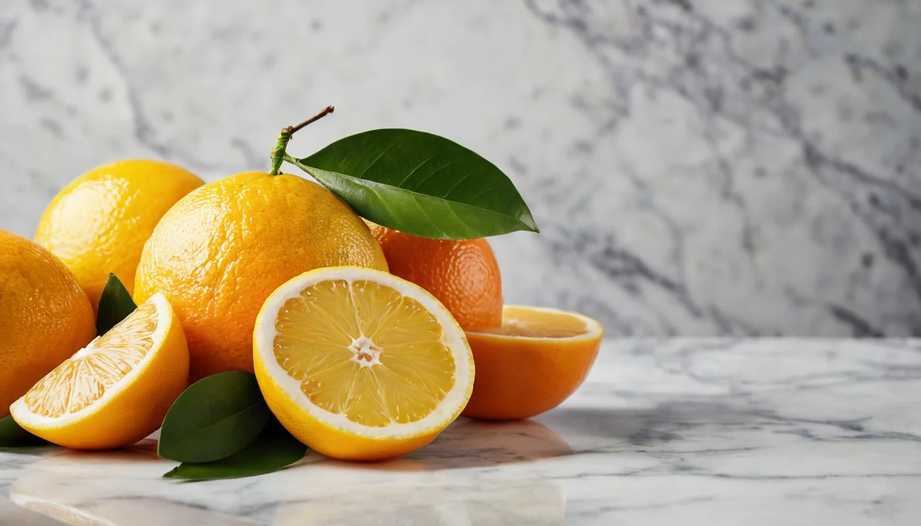 Fresh oranges with leaves on marble surface