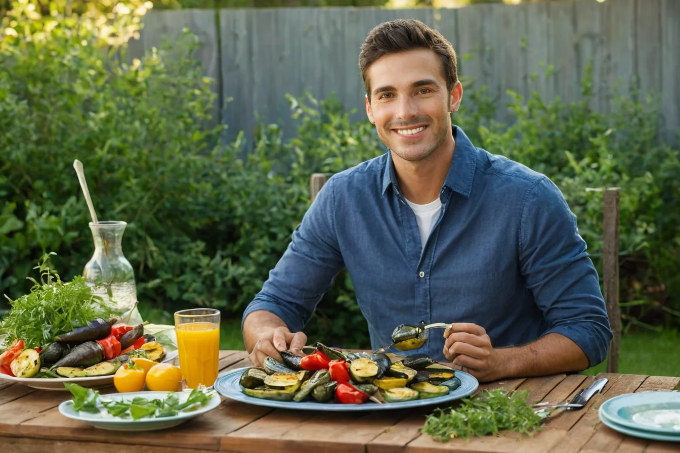Man eating grilled vegetables and orange juice outdoors at a wooden table.