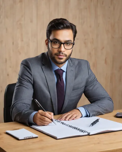 Man in suit and glasses writing in notebook at wooden desk