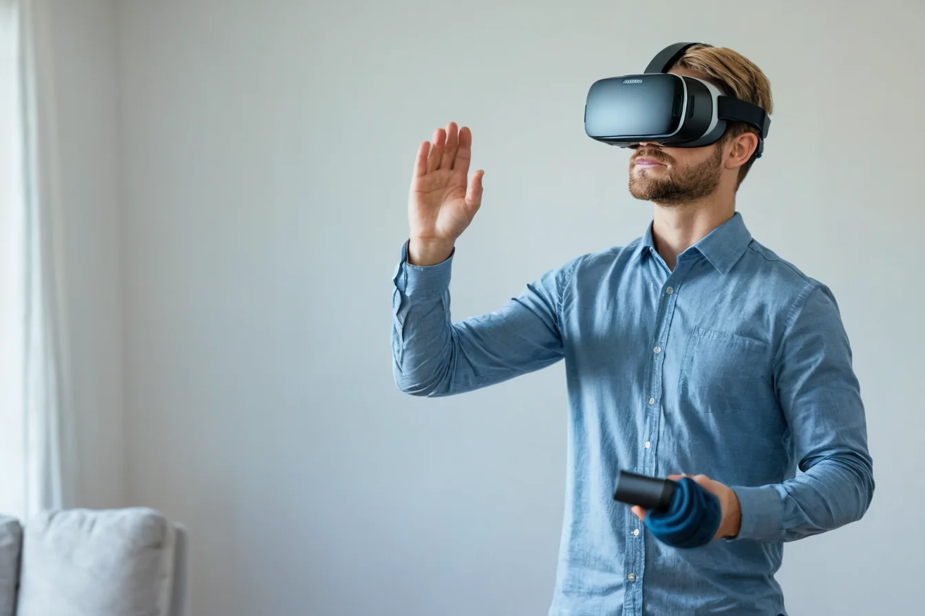 Man wearing VR headset and holding controller in living room