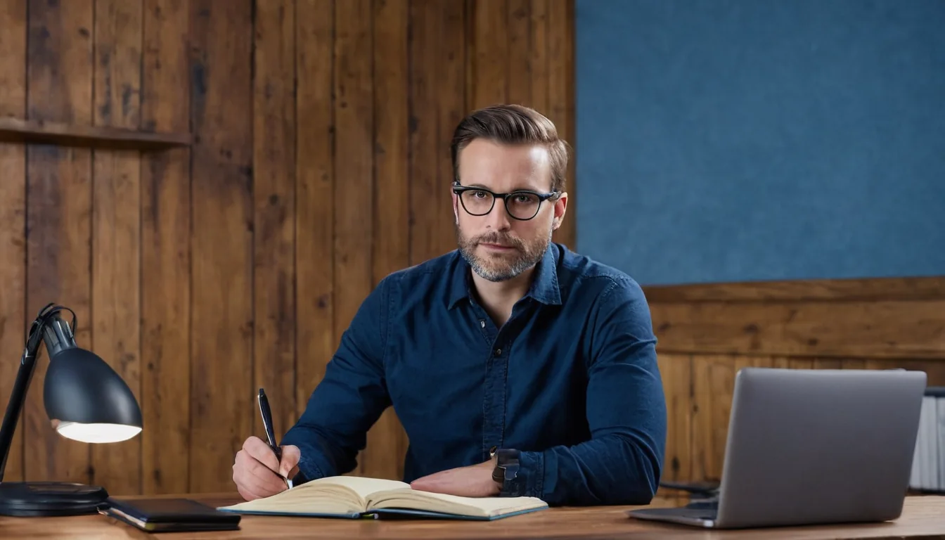 Man with glasses writing in notebook at wooden desk with laptop and lamp