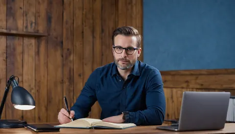 Man with glasses writing in notebook at wooden desk with laptop and lamp