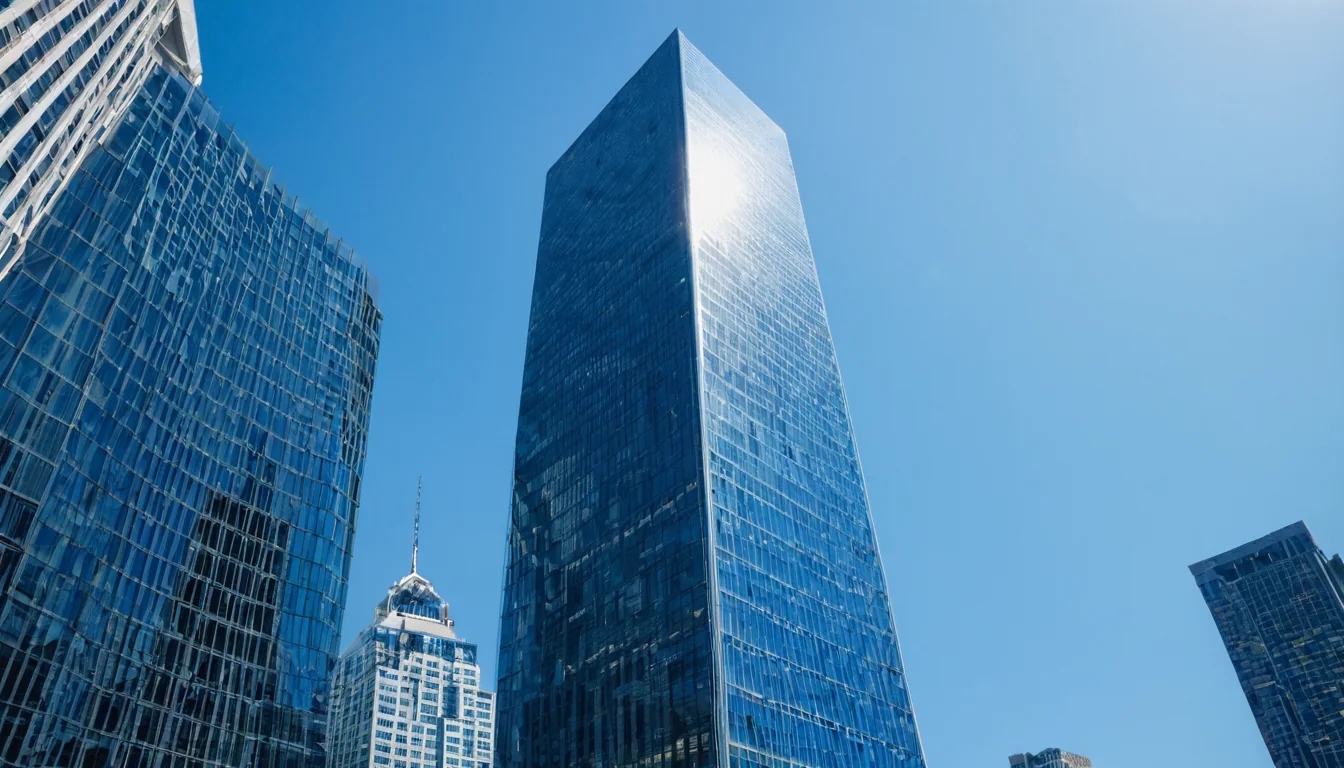 Modern glass skyscrapers rise against a clear blue sky with sunlight reflecting off their surfaces.