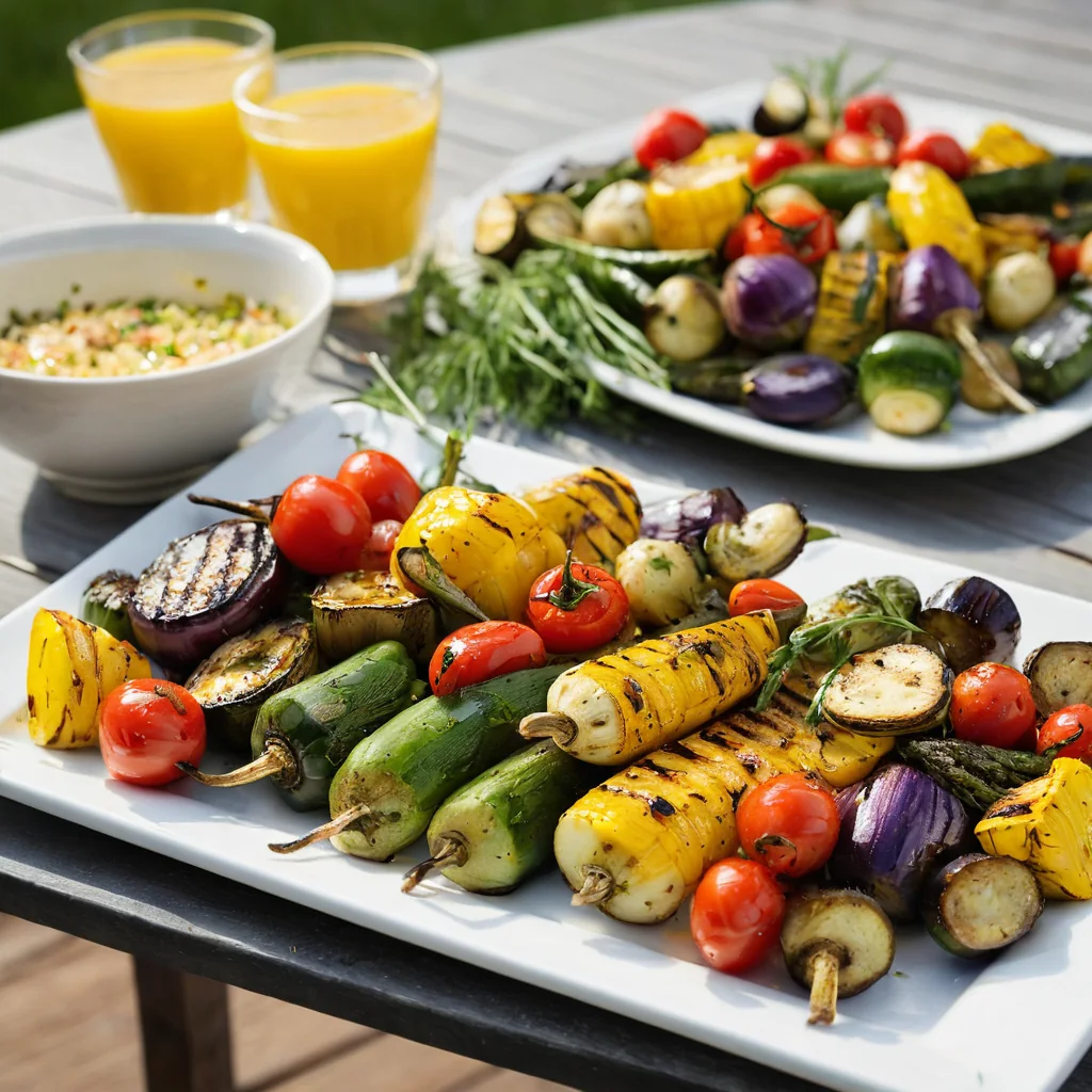 Plates of grilled vegetables with orange juice and salad on a wooden table outdoors.