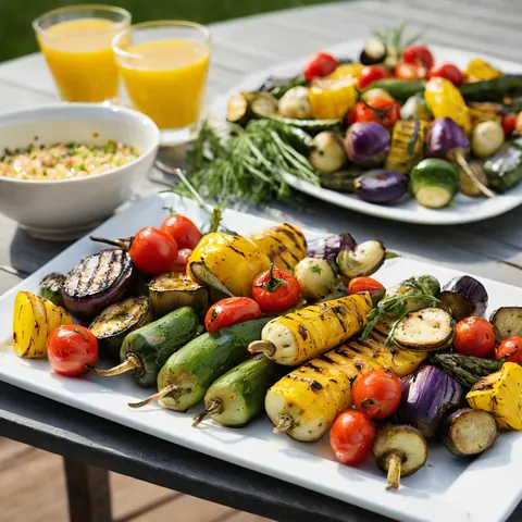 Plates of grilled vegetables with orange juice and salad on a wooden table outdoors.