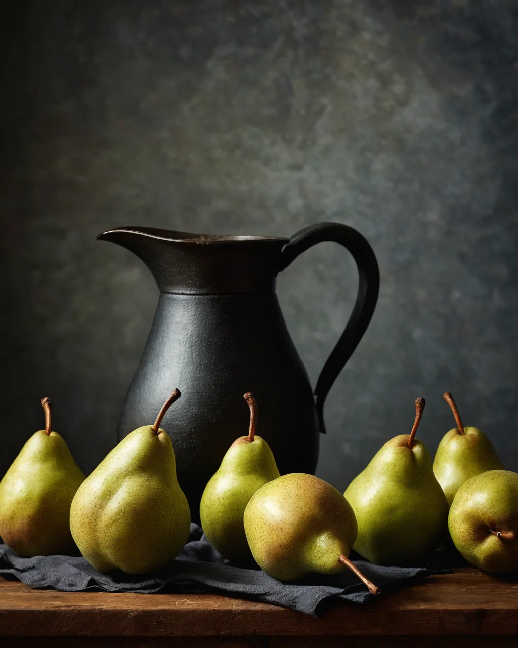 Seven green pears with stems sit on a dark cloth next to a black pitcher on a wooden surface.