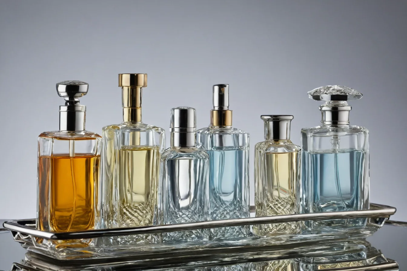 Six glass perfume bottles with metallic caps on a silver tray reflecting light.