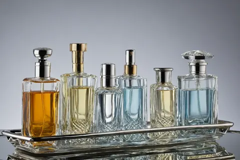 Six glass perfume bottles with metallic caps on a silver tray reflecting light.
