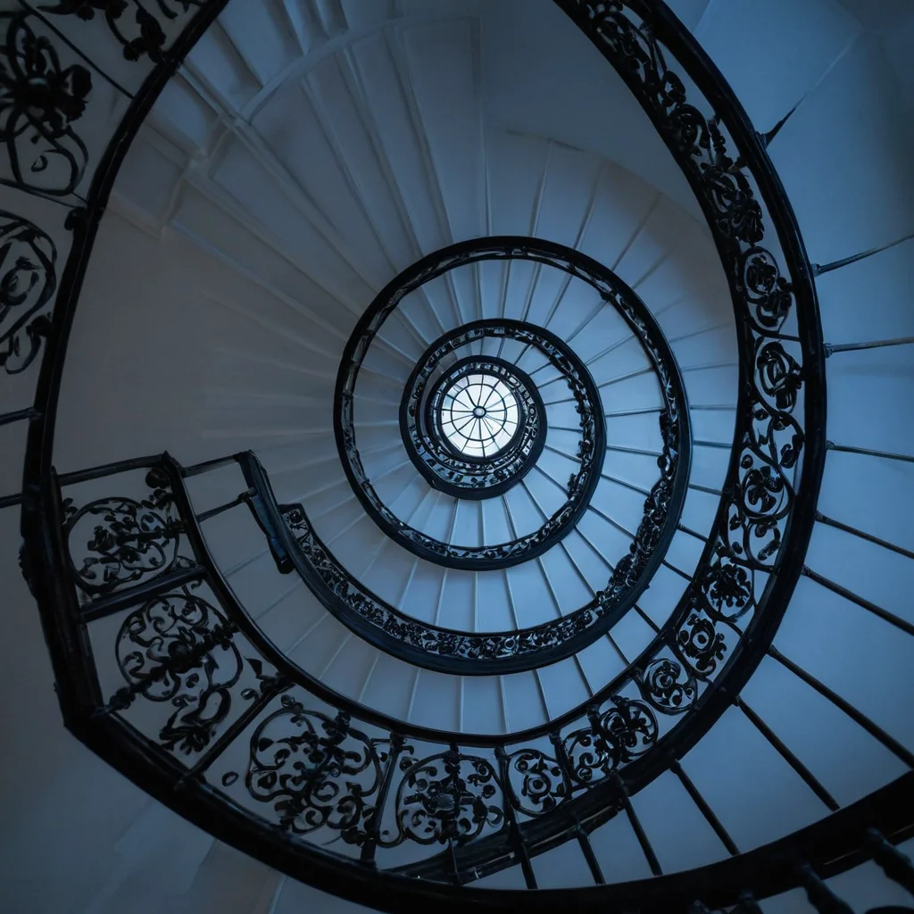 Spiral staircase with black iron railings and white steps leading up to a skylight