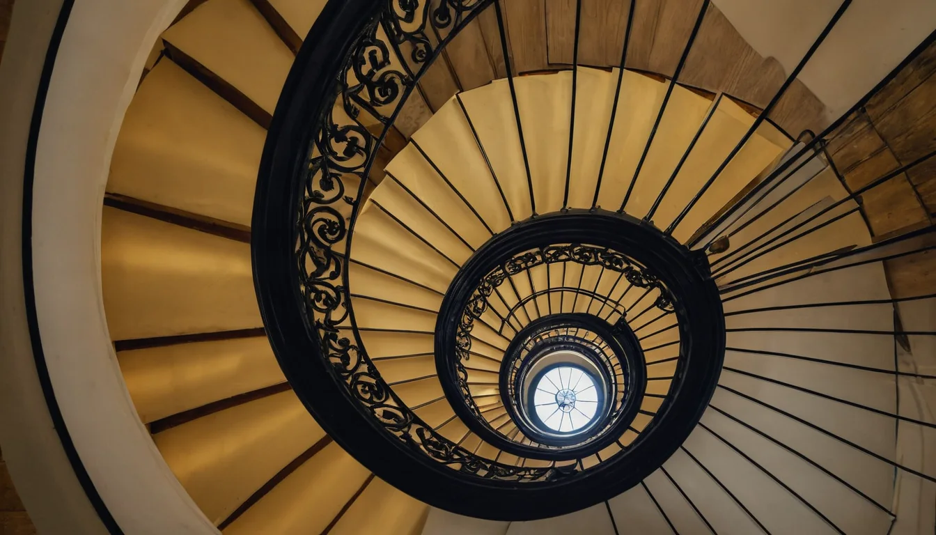 Spiral staircase with black iron railings and wooden steps leading upward to a skylight.
