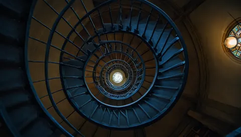 Spiral staircase with dark metal railings and carpeted steps leading down to a bright skylight.