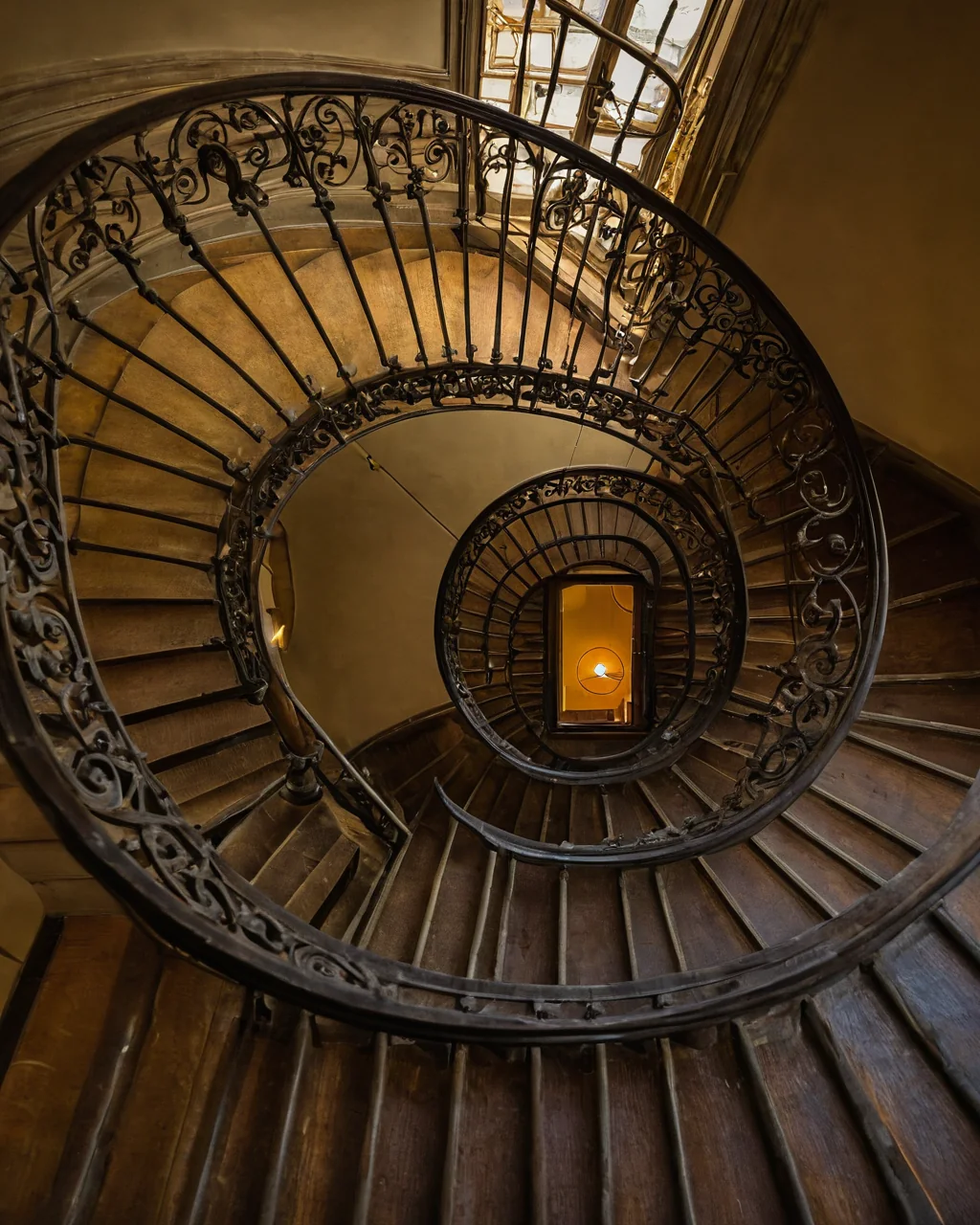 Spiral wooden staircase with black iron railings leading down to a warmly lit doorway.
