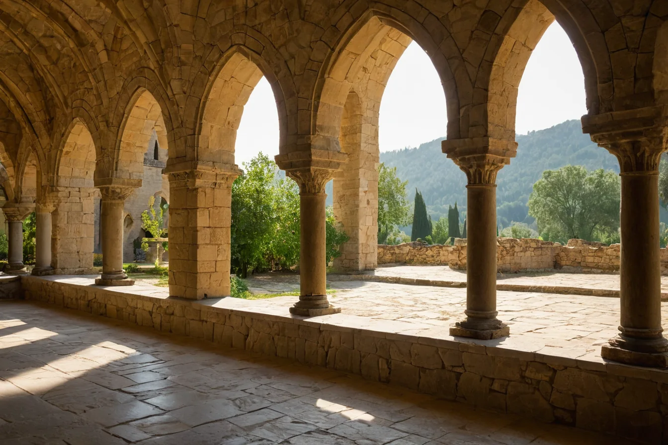 Stone arches of a cloister with sunlight casting shadows on stone floor and green trees beyond