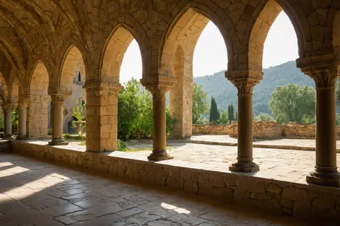 Stone arches of a cloister with sunlight casting shadows on stone floor and green trees beyond