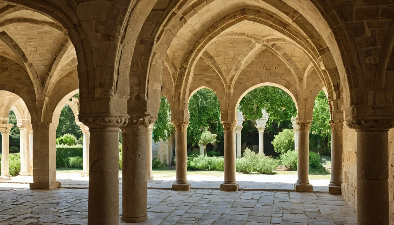 Stone cloister with arched walkways overlooking a green garden