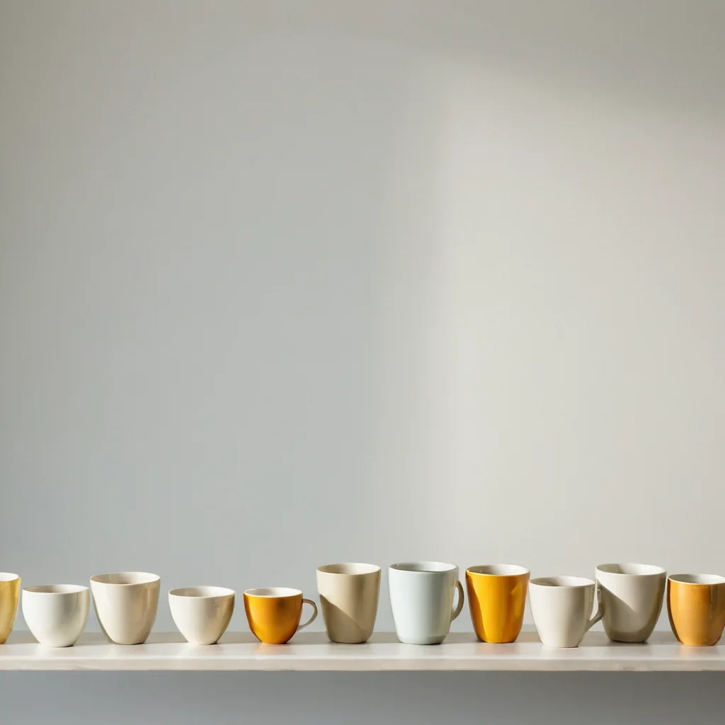 Ten ceramic mugs in beige and mustard yellow arranged in a row on a white shelf against a gray wall.