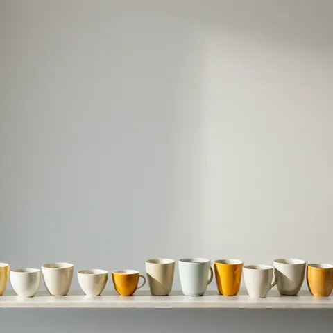 Ten ceramic mugs in beige and mustard yellow arranged in a row on a white shelf against a gray wall.