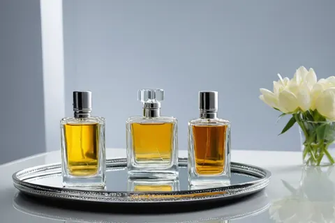 Three perfume bottles and white tulips on a silver tray