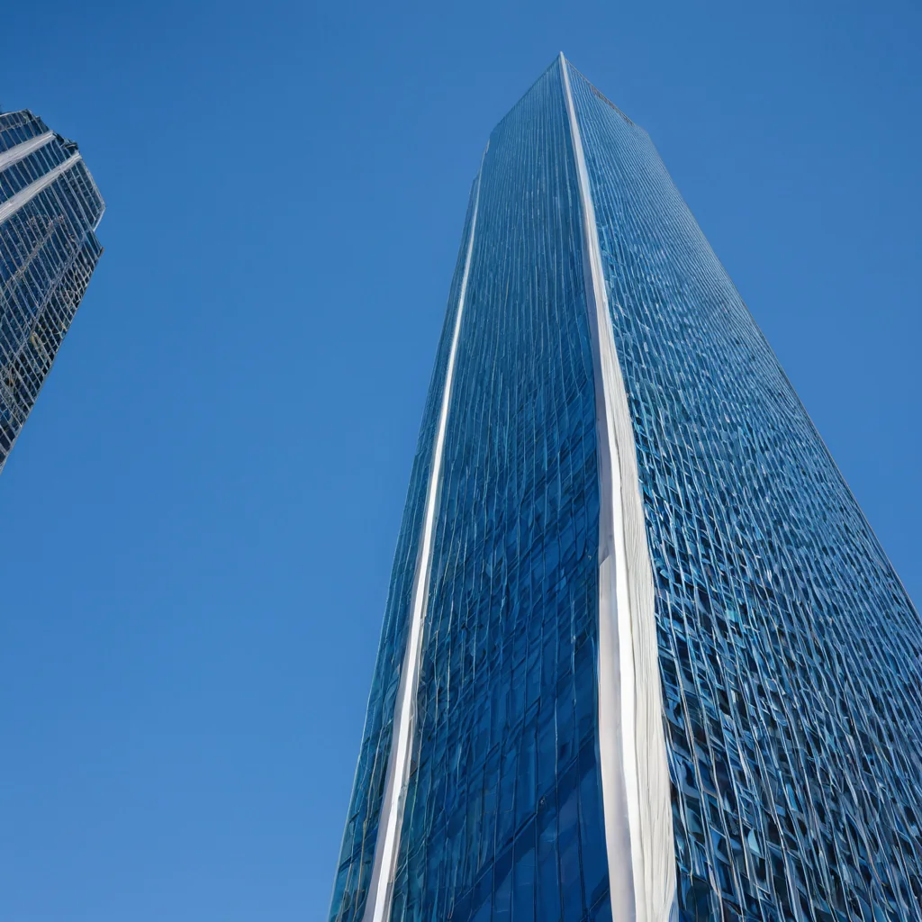 Towering glass skyscraper with blue panels and white stripes against clear blue sky