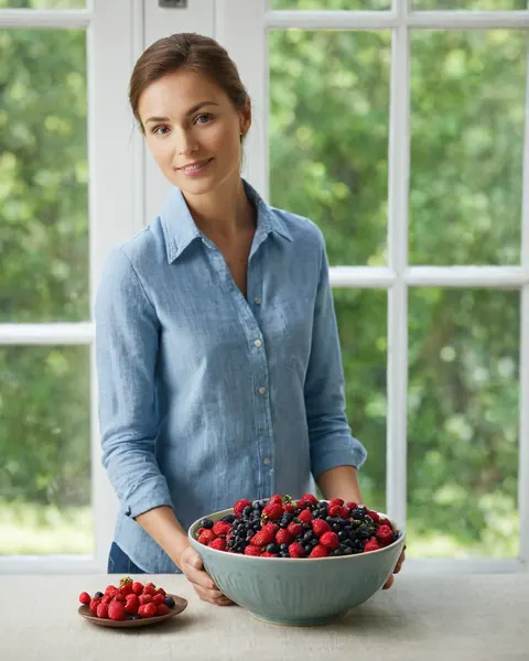Woman holding bowl of mixed berries at table near window