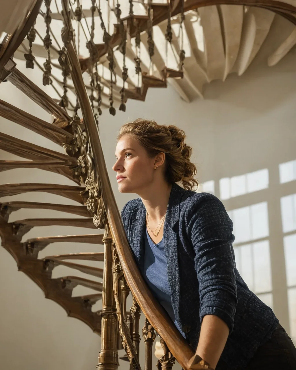 Woman in blue cardigan leaning on ornate wooden spiral staircase with sunlight streaming through window