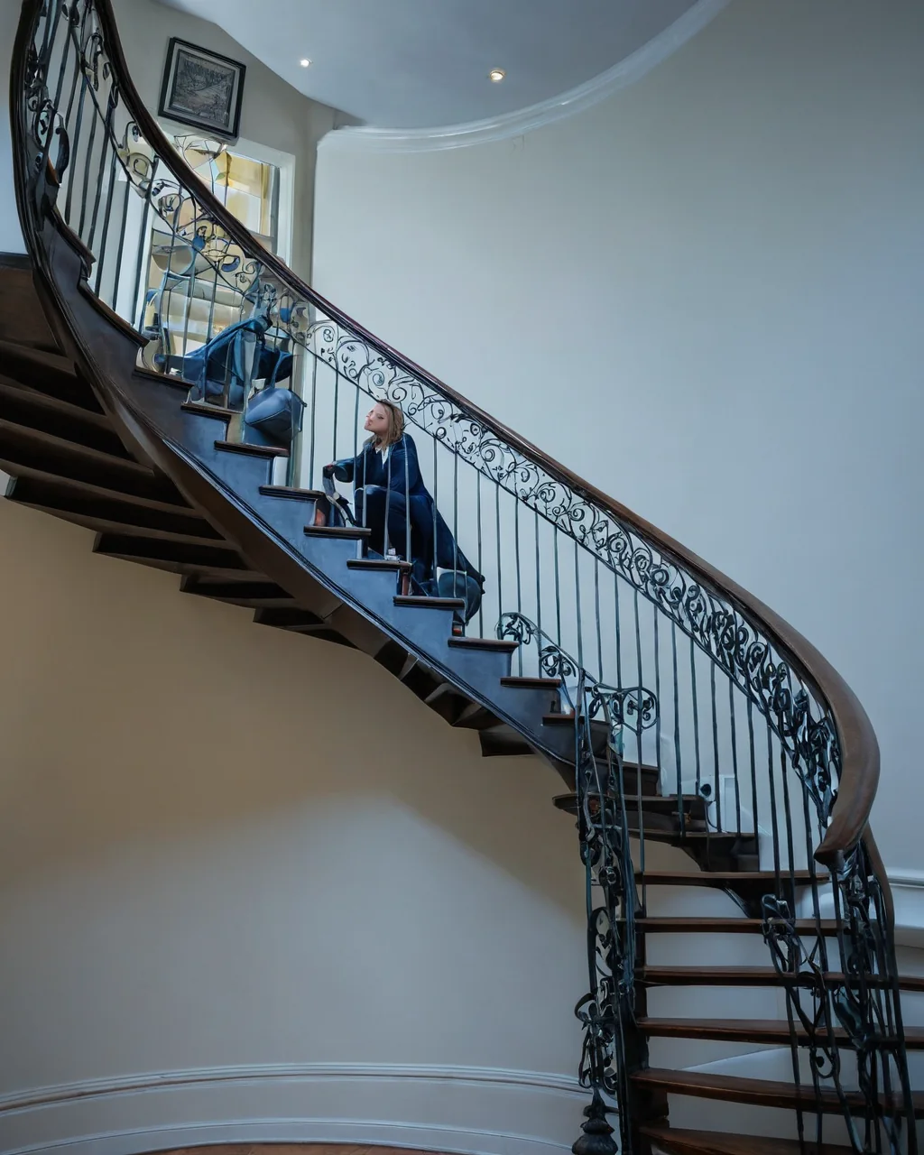 Woman in blue suit sitting on ornate wooden staircase looking up