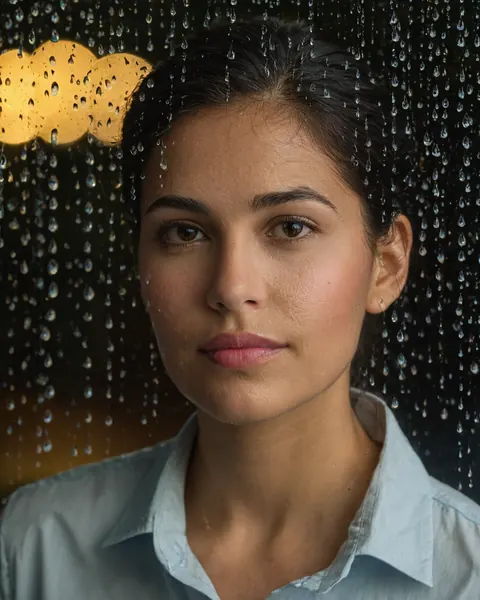 Woman looking through rain-streaked window with blurred warm lights behind her